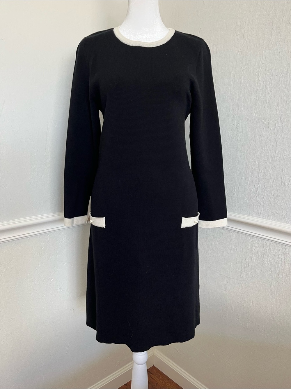 Zara Classic Black Knit Shift Dress with Ivory and Pearl trim detail